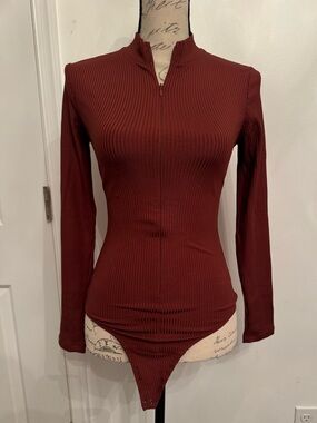 Ribbed Zip-Front Long Sleeve Bodysuit